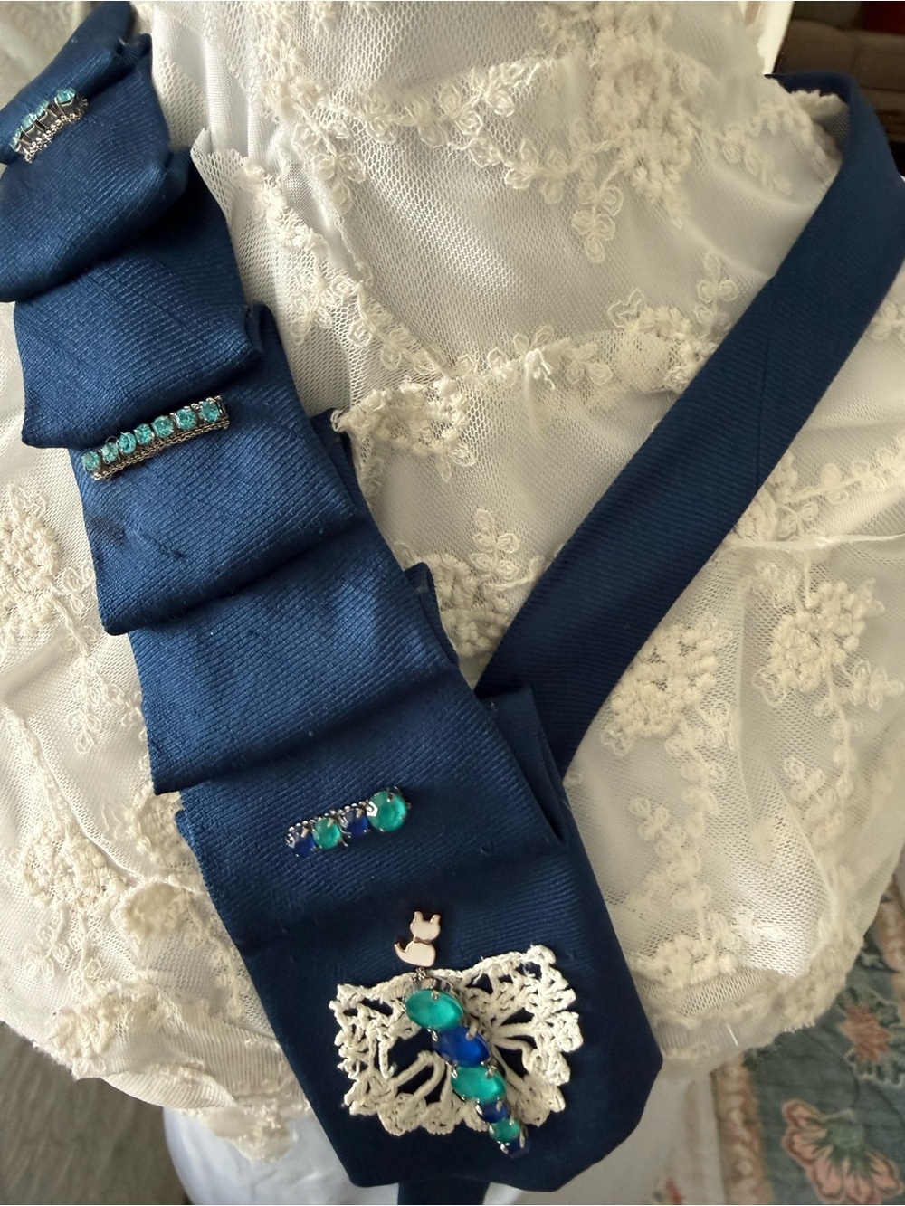 Upcycled Blue Ribbon Necktie with Lace and Jewel Embellishments - Picture 2 of 5